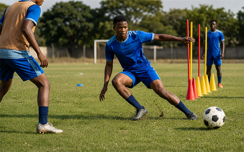 An action shot of a young male football player in a plain blue kit demonstrating quick agility and sharp deceleration on a grass pitch.