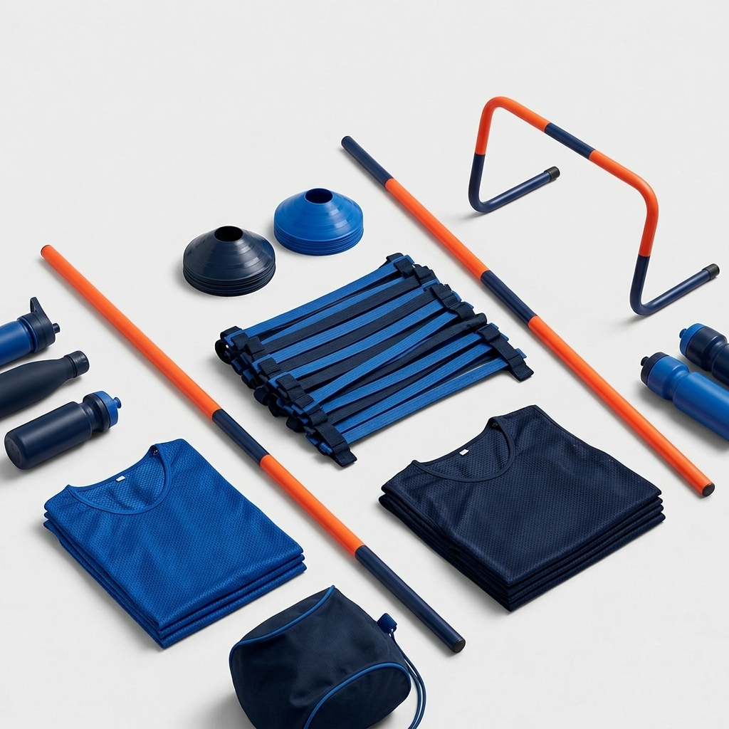 An assortment of football training accessories including blue cones, agility ladders, an orange and navy hurdle, slalom poles, training bibs, and water bottles flat laid on a light grey background.