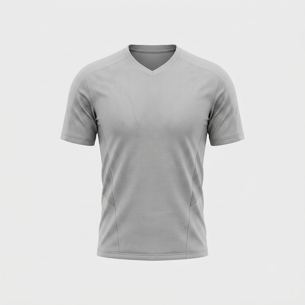 A plain light grey short-sleeved football jersey top with a V-neck on a solid light grey background for the Silver Studs FC academy apparel shop category.