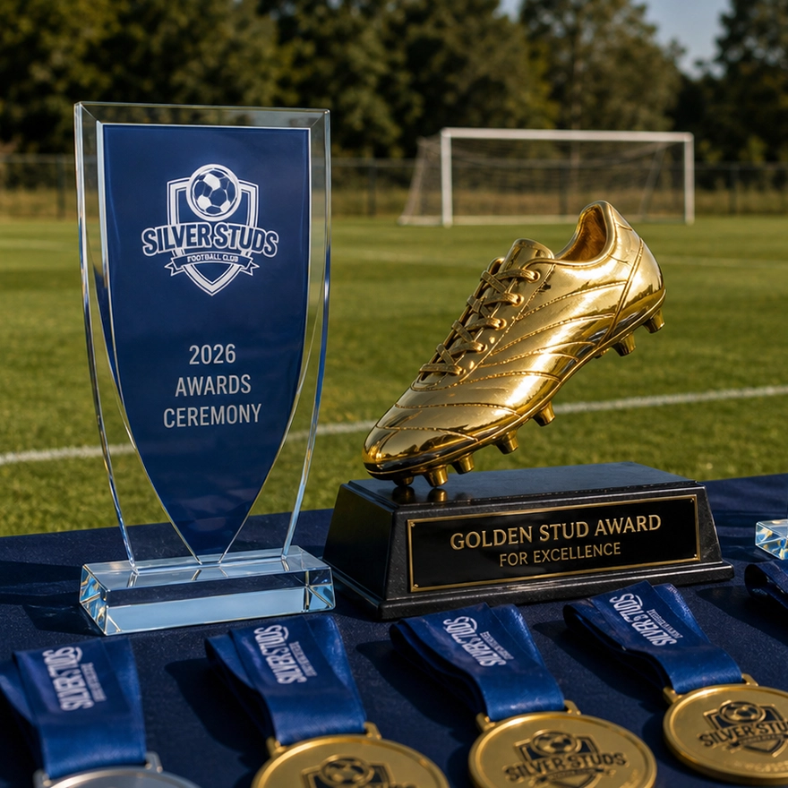 The Golden Stud Award trophy and 2026 Awards Ceremony shield plaque for Silver Studs FC on a table with winner medals at the football pitch.