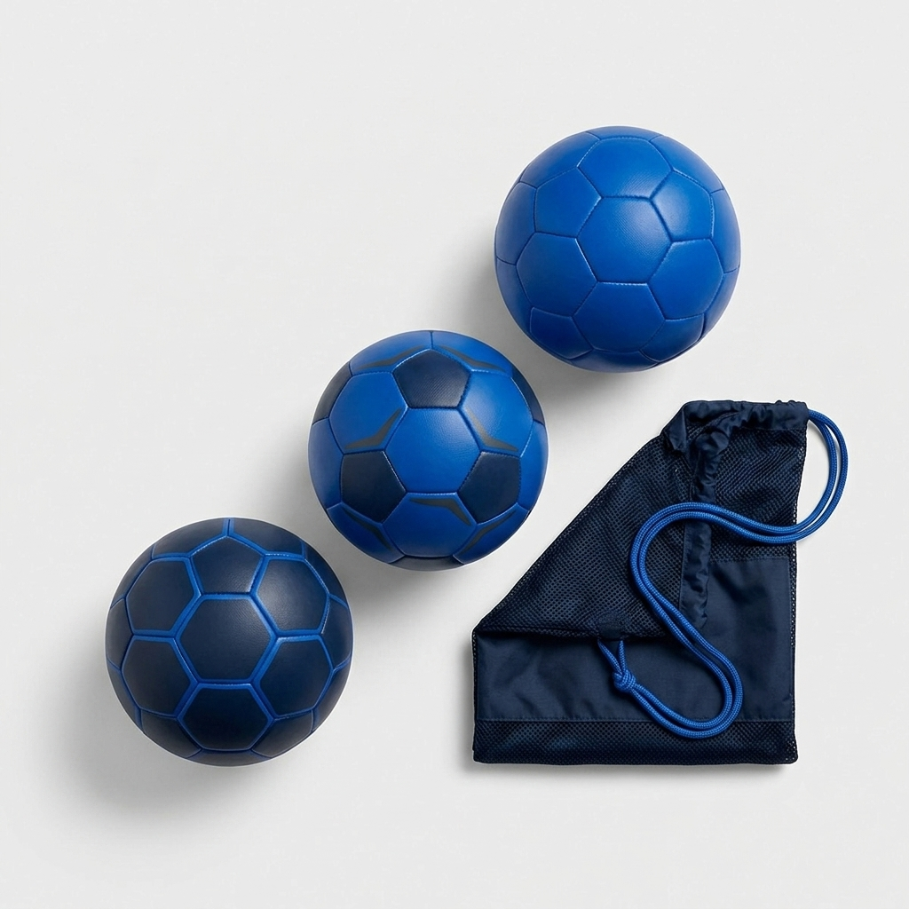 Three soccer balls in variations of royal blue and navy blue patterns arranged next to a dark navy mesh drawstring ball bag on a light grey background for the Silver Studs FC shop.