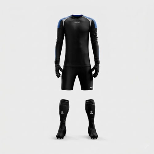 Official Silver Studs FC long-sleeve goalkeeper kit in black, featuring padded elbows and matching shorts for academy match play.