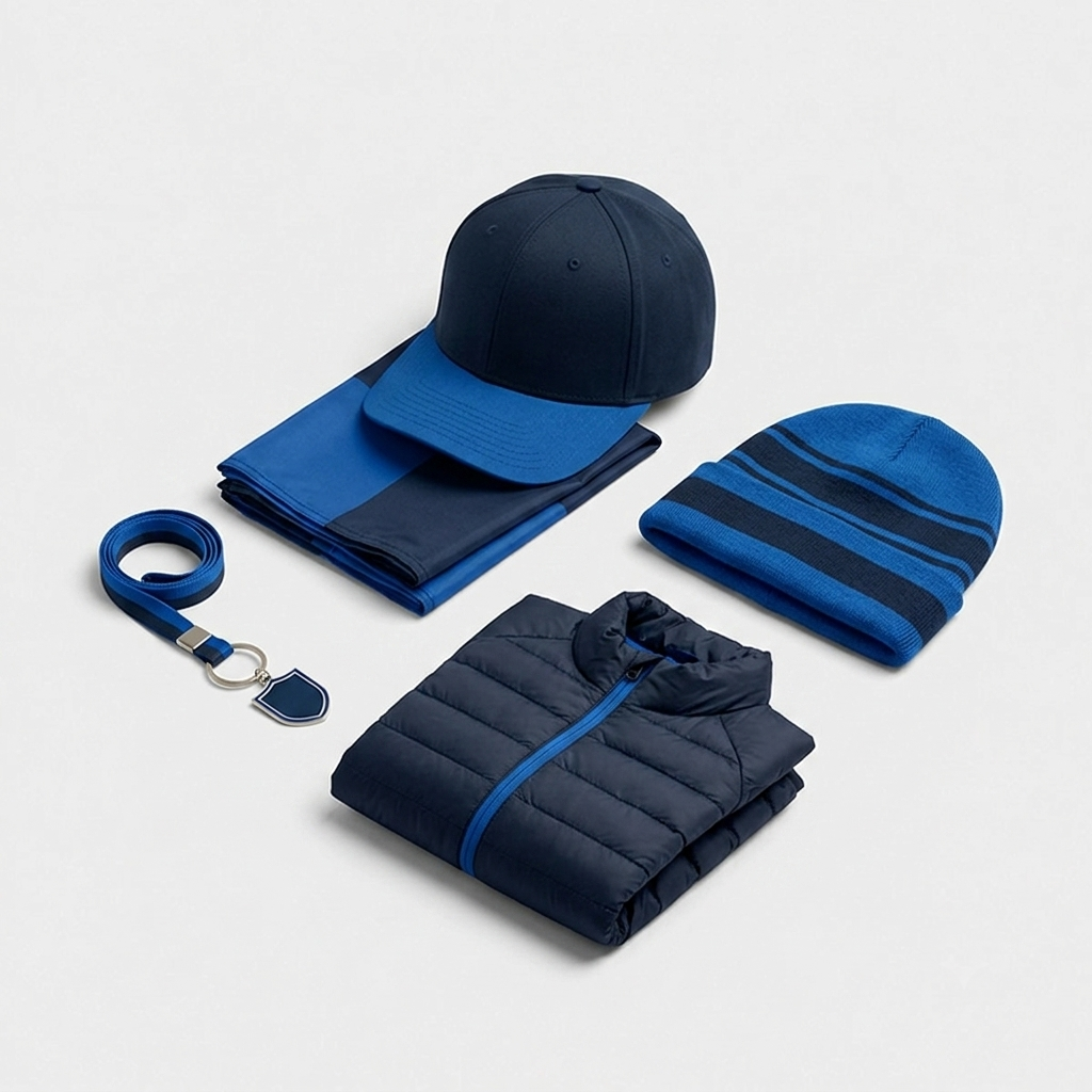 An arrangement of football fan gear including a navy baseball cap with a blue brim, a striped beanie, a folded puffer vest, a lanyard with a shield keychain, and a fan flag flat laid on a light grey background for the Silver Studs FC shop.